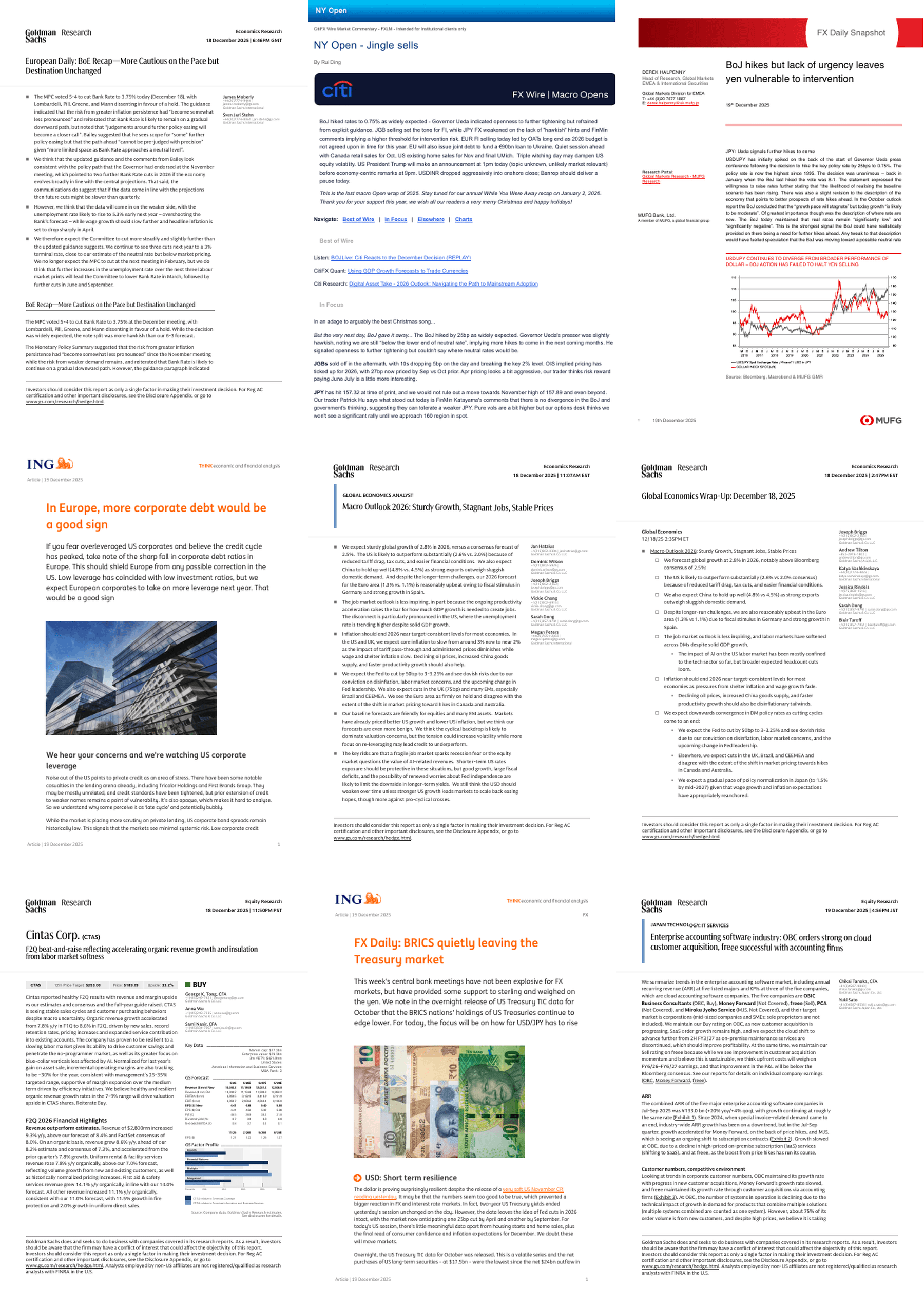 A collage of sell-side research report covers from Goldman Sachs, J.P. Morgan, Morgan Stanley and other banks